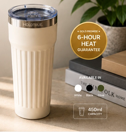 HoldTrue thermal mug with gold six-hour heat guarantee