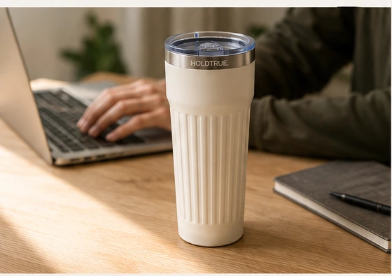 HoldTrue mug beside a laptop and notebook